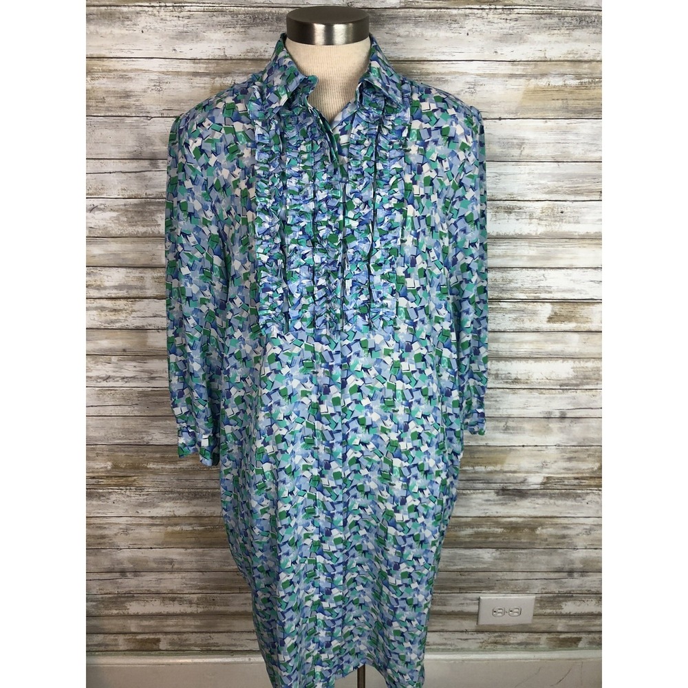 Vintage Schrader Dress Sz 14 Ruffled Bodice Retro Geeky Geometric Blue Green